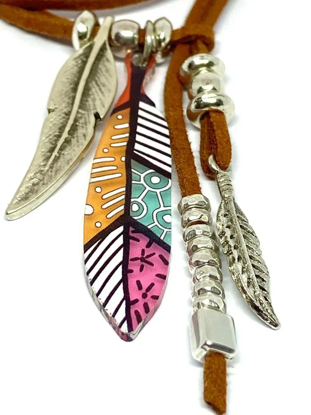 Doubnine Boho Feather Choker Wrap - Vegan Suede Lariat Necklace, Black Cord & Bronze Feather