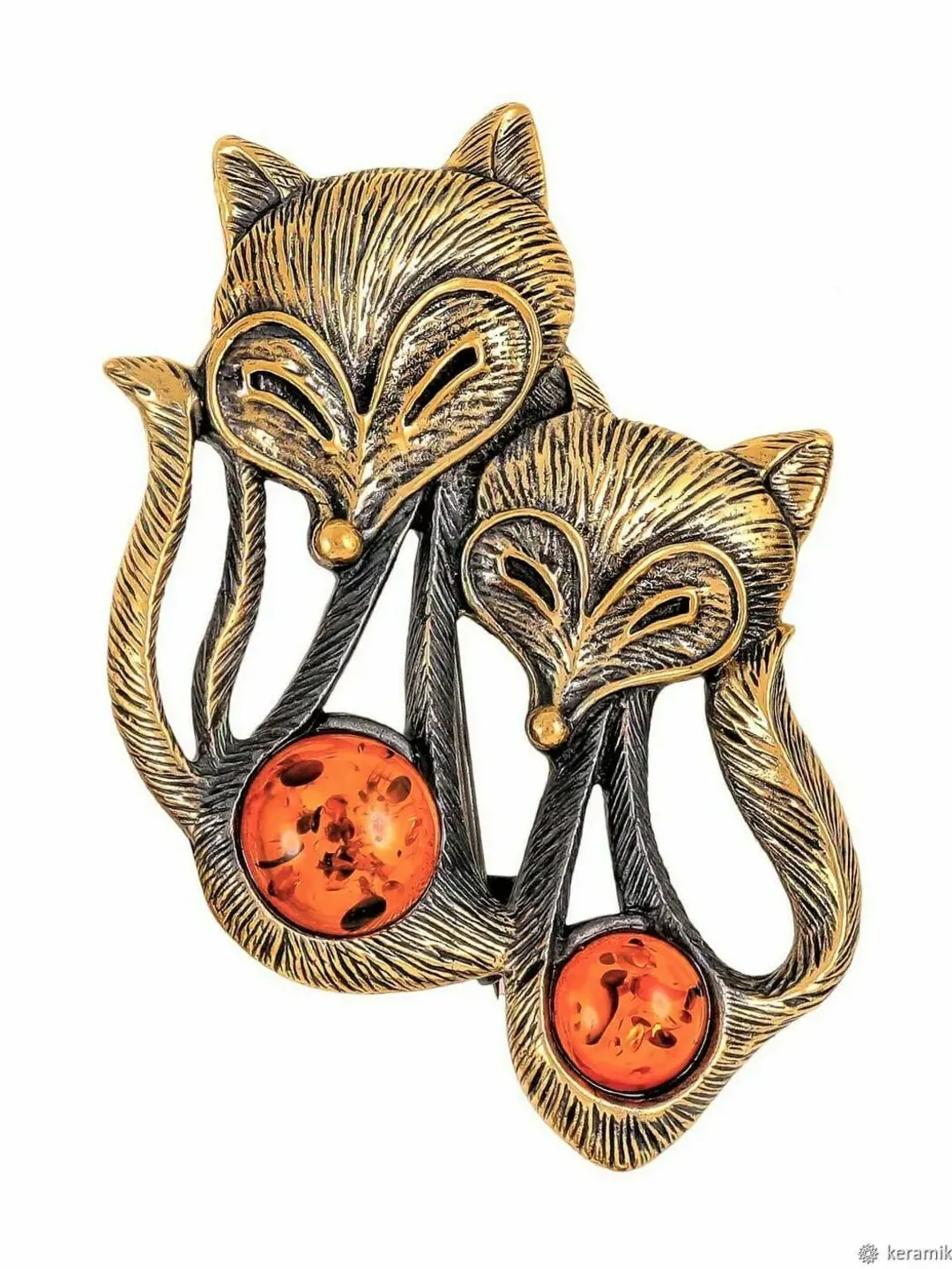 Foxes Animal Brooch Jewelry Fox Brooch Pin Gold Antique Brass and Amber Cute Gift Mom Sister Unique Jewelry Handmade