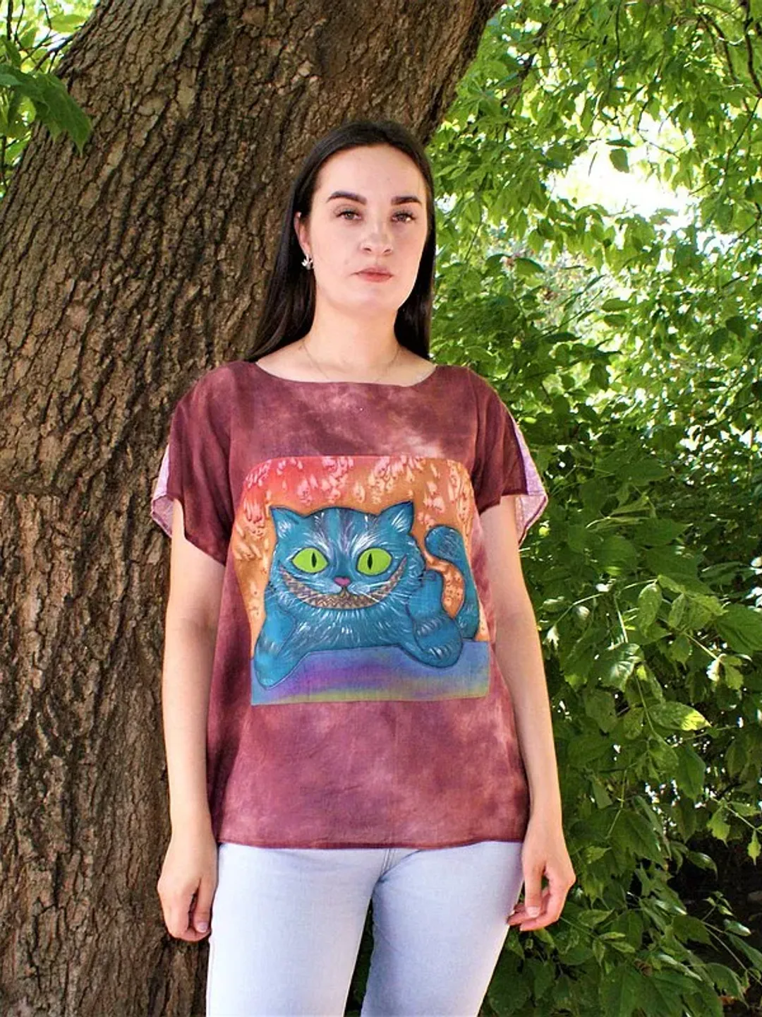 Cotton tunic hand-painted Art loose clothing Plus size tunic with cat T-shirt