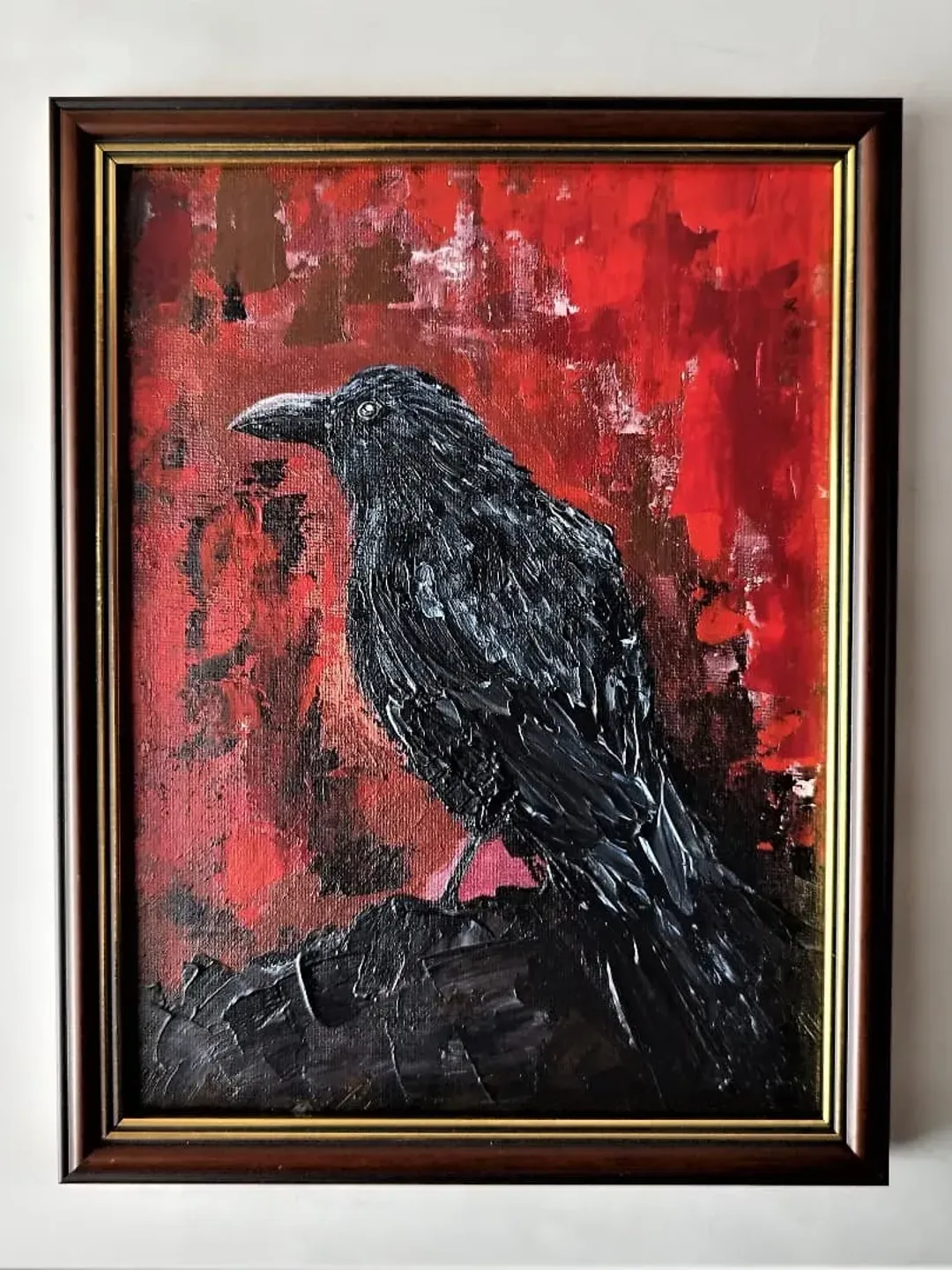 Abstract raven painting black crow art impasto bird artwork