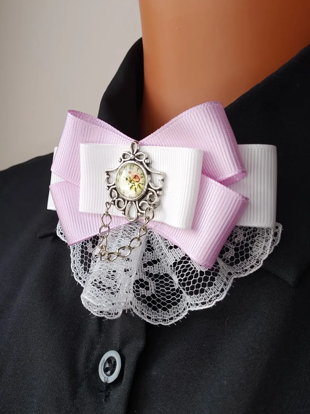 Lilac white bow tie brooch Collar bow brooch Lace bow tie pin with ...