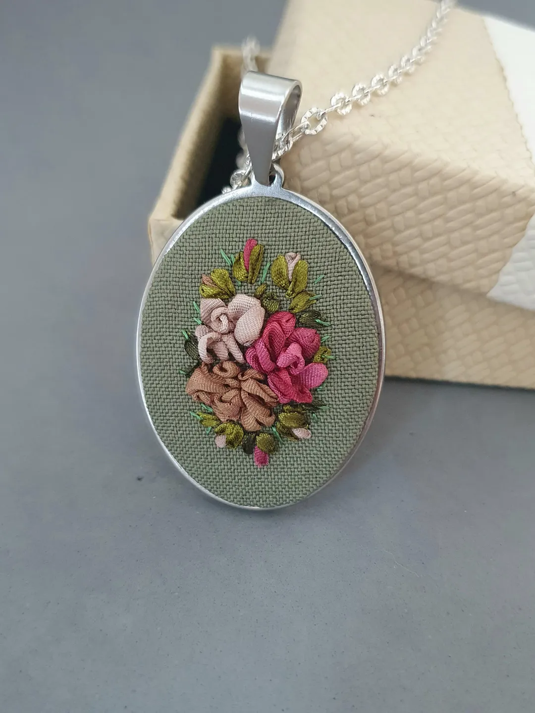 Ribbon embroidered green pendant for her,  4th wedding anniversary gift, custom embroidery bouquet