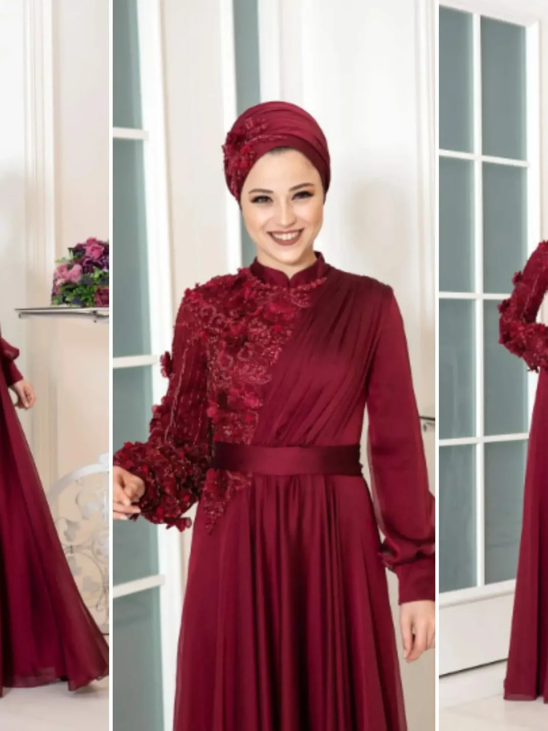 AHUNARE HIJAB - Melissa  Burgundy Chiffon Belted  Wedding Dress, Muslim Evening Gown, Nikah, Islamic Wedding, Engagement, Bridesmaid,