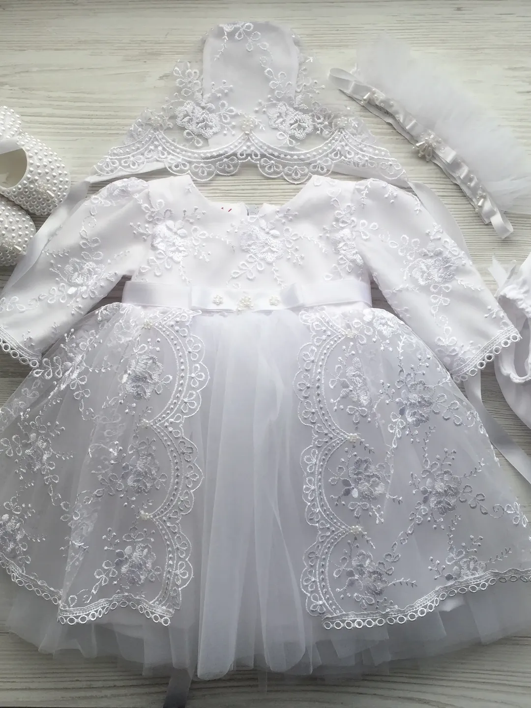 Baptism clothing set for baby girl. Christening gown for girl. Dress, headband, bonnet, booties and panties. Baptism white dress with lace