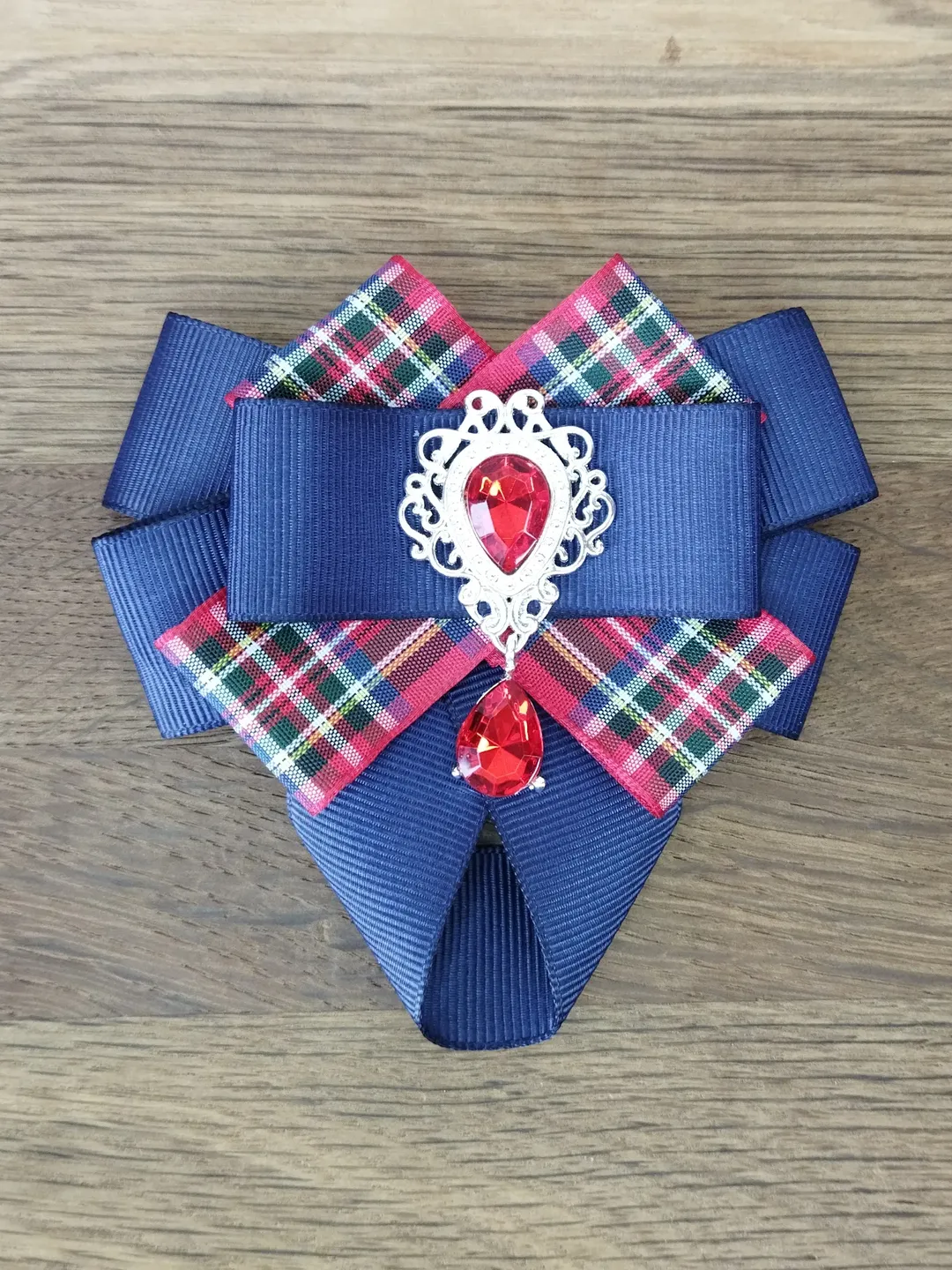 Plaid bow tie pin Blue red collar bow brooch Neck bow for women Large neck brooch with red crystal