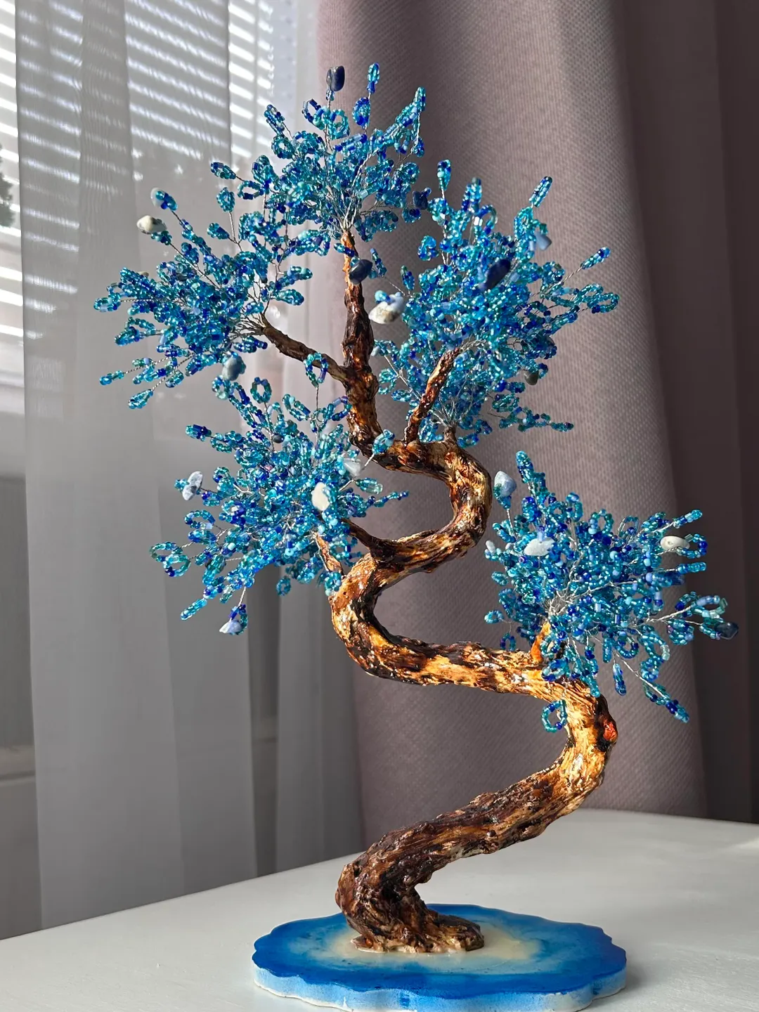 Handmade beaded bonsai tree blue with a curved trunk exclusive home decor