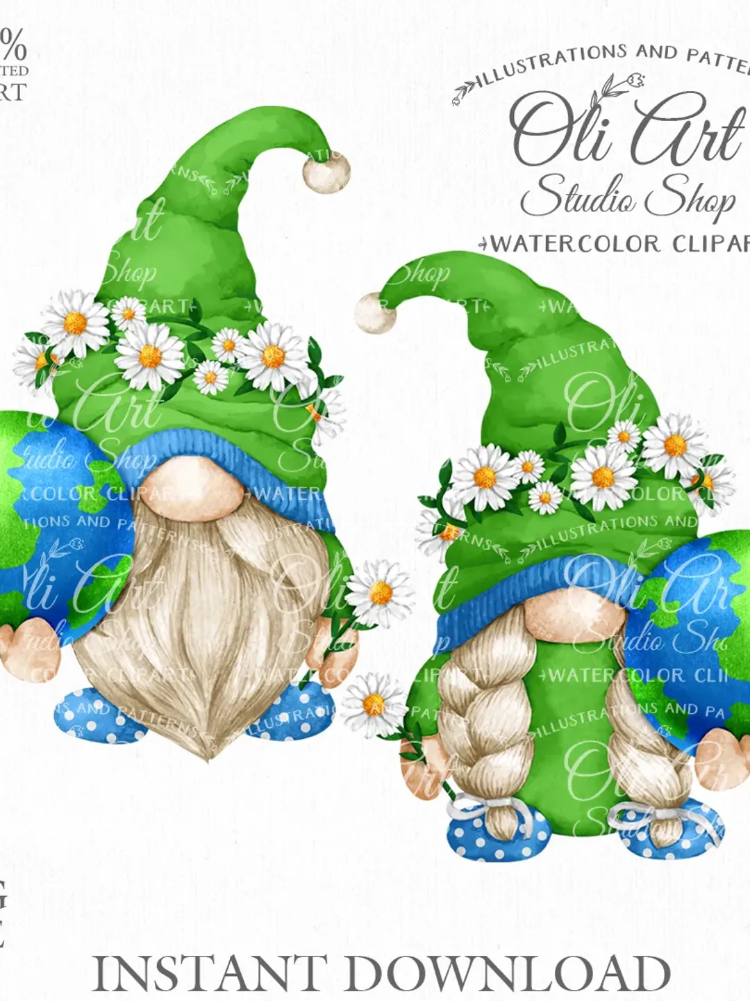Gnome Clip Art. Mother Earth Day. Earth Globe. Cute Characters, Hand Drawn graphics. Digital Download. OliArtStudioShop