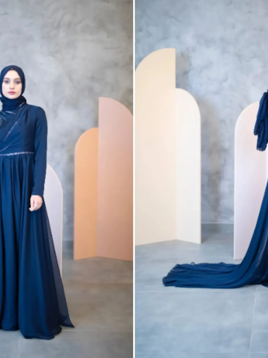 AHUNARE HIJAB - Şura Navy Blue  Chiffon Wedding Dress, Muslim Evening Gown, Nikah, Islamic Wedding, Engagement, Bridesmaid,