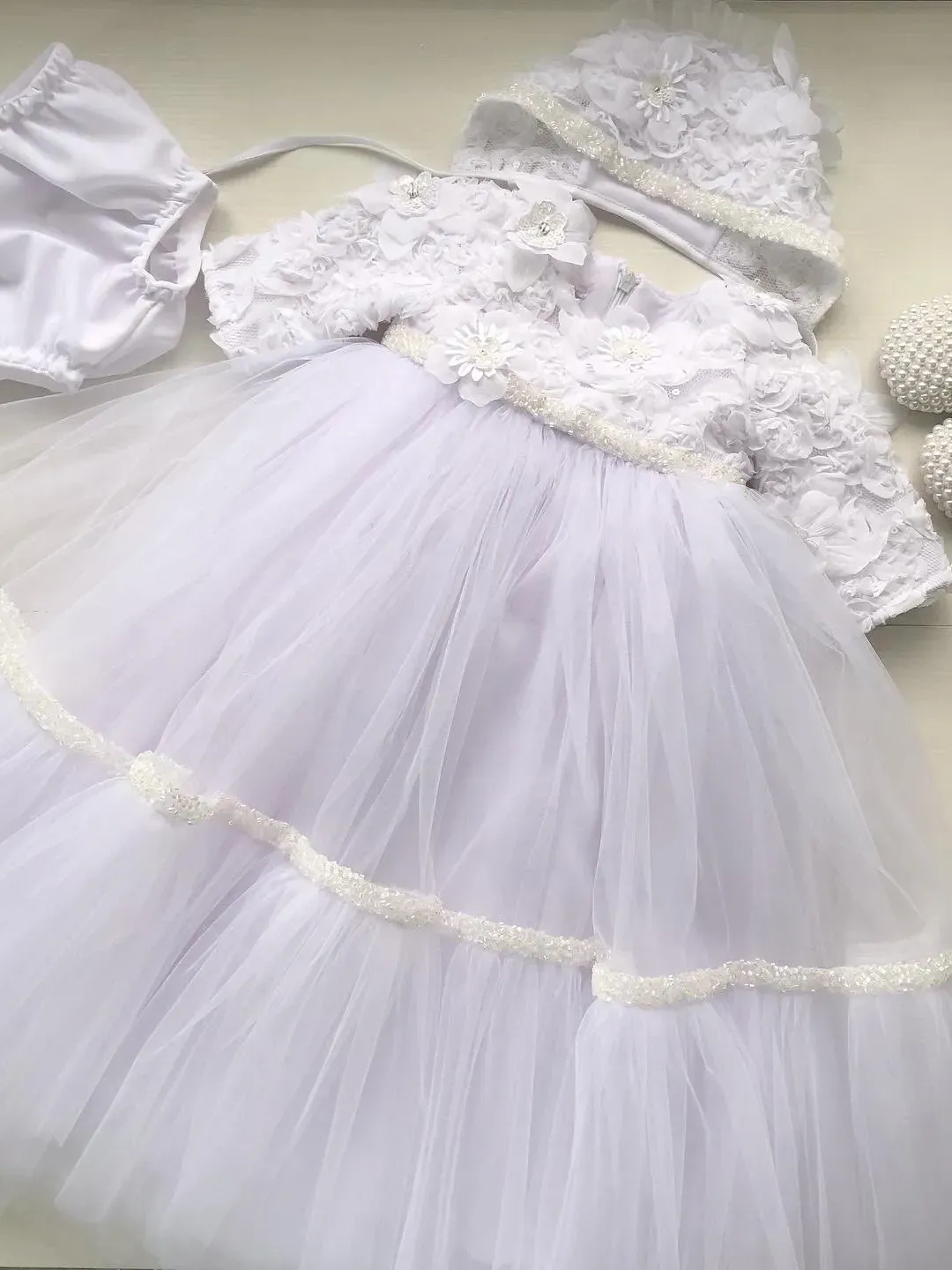 Baptism white dress, bonnet, panties and shoes. Dress with 3d flowers, pearls and tulle. Christening gown for baby girl.