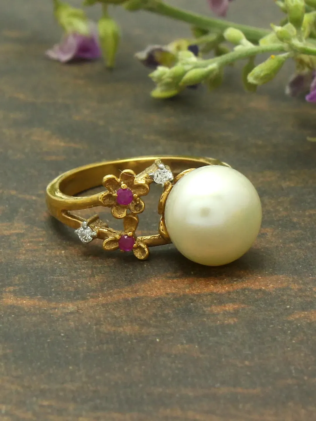 Natural Freshwater Pearl Ring, Pearl Wedding Ring, CZ Diamond Ring, Dainty Flower Ring, Art Deco Engagement, 925 Sterling Silver Ring