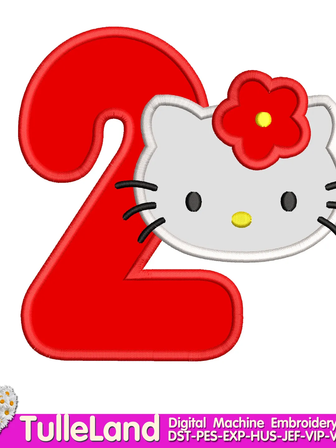 Cat Kitty Birthday two birthday Girl birthday 2nd birthday cat Design Applique for Machine Embroidery