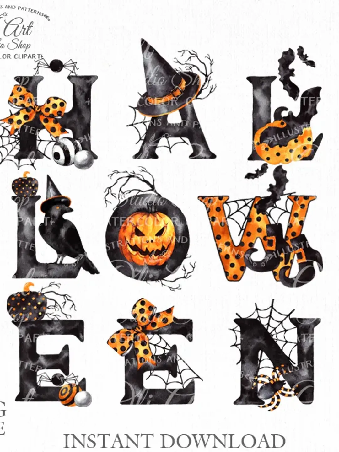 Happy HALLOWEEN clipart. Watercolor Word Halloween. Fall, Hand painted clipart 9 letters. Design Digital Download
