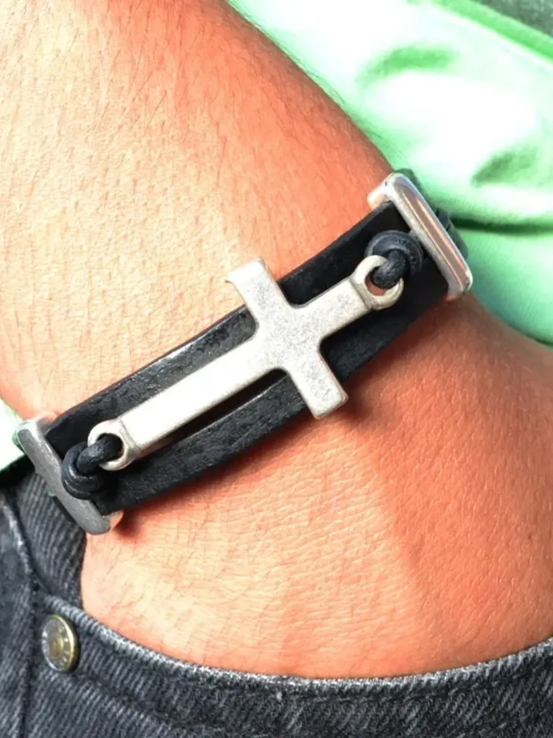 Sideways Cross Bracelet, Leather Bracelet for Men, Confirmation Baptism Gift, Christian Catholic Jewelry, Religious  Gifts for Men and Women