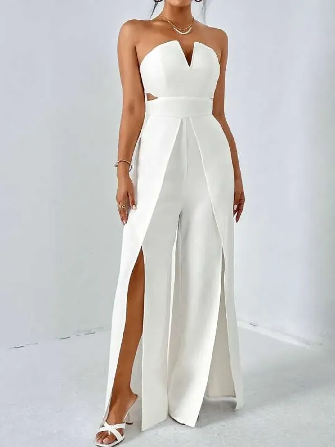 White Solid Notched Neck Sleeveless Strapless Split Thigh Leg Tube Jumpsuit Women Ladies Casual Party Evening