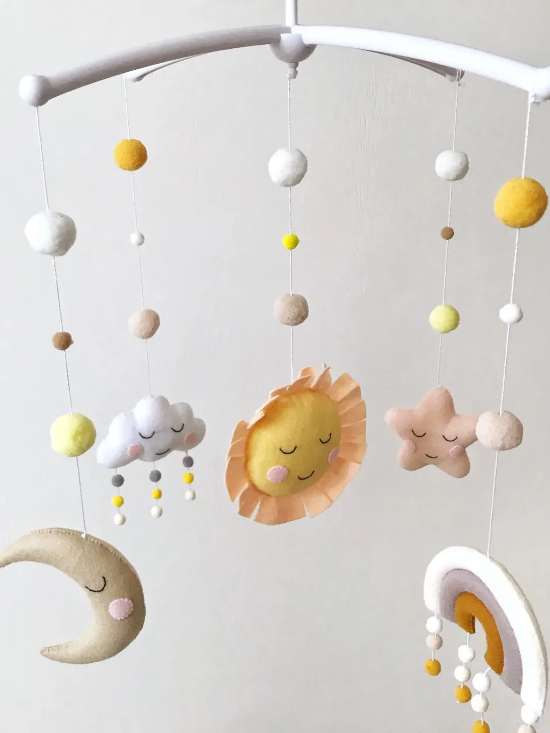 Rainbow baby mobile neutral. Sun star cloud moon mobile. Happy baby mobile. Rainbow nursery decor neutral