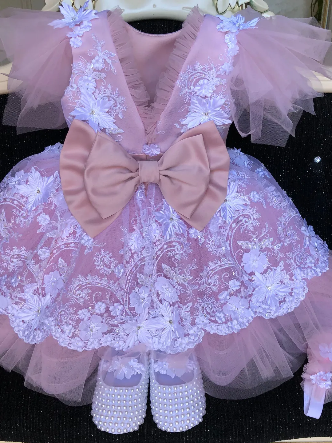 Pink and white dress with 3d flowers, pearls, beads. Dress with headband and booties for baby girl.Tutu dress for girl.Clothing set for girl