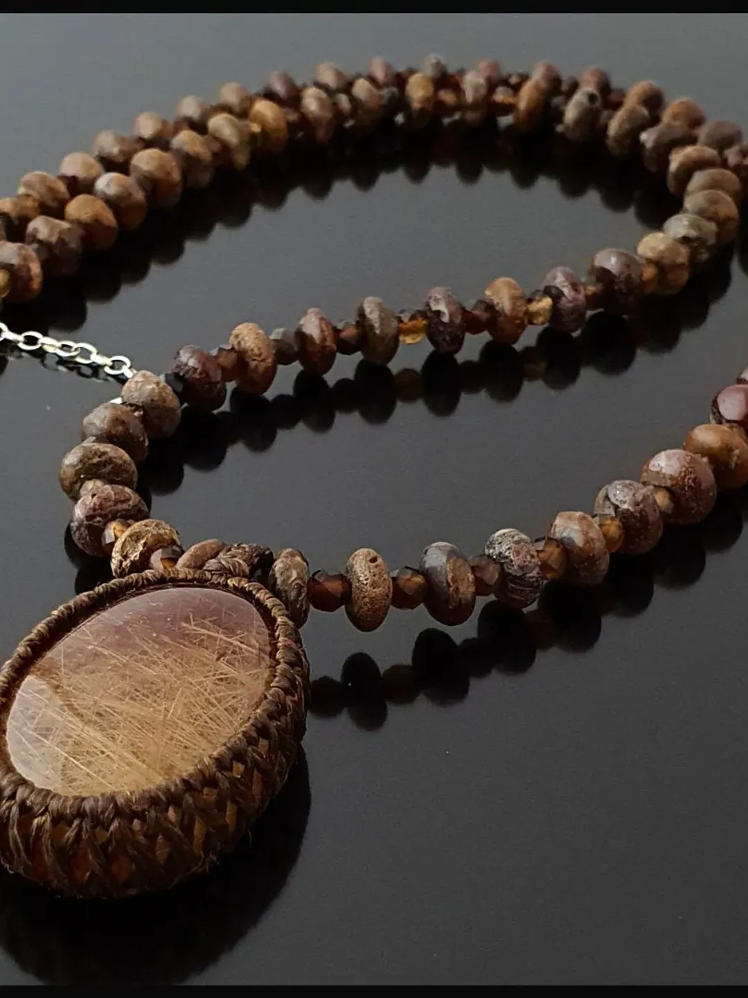 Silver Necklace with Brown Agate and Jasper Gemstone Beads and Rutilated Quartz Pendant, Rutil Quartz Handmade Necklace Gifts for