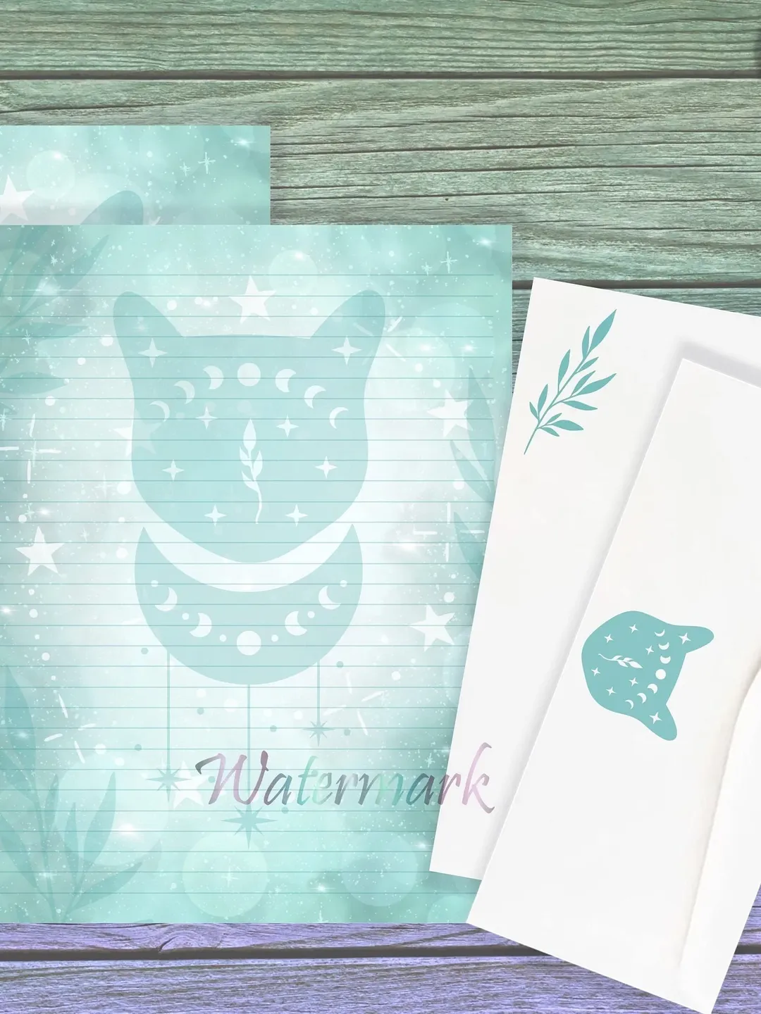Magic Cat Stationery Set | Galaxy Cat Writing Paper | Cat Letter Paper | Teal Star Pages | Junk Journal | Galaxy Stationery | Moon Phases