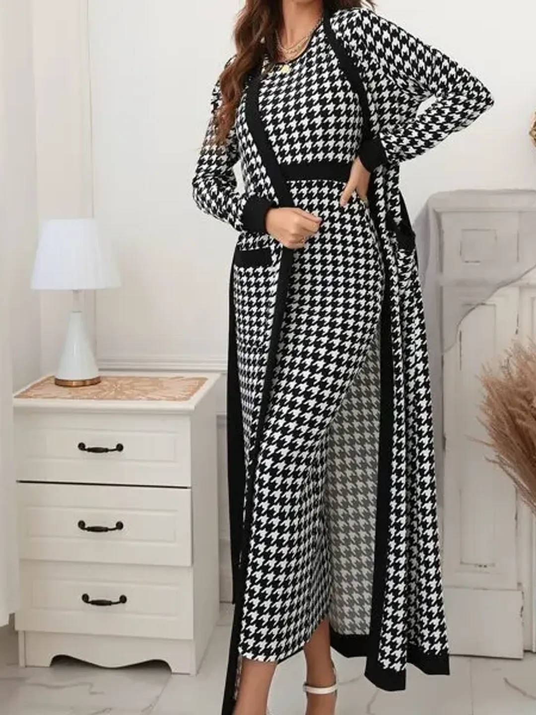 2Pc Set Co-Ord Houndstooth Open Front Pocket Belted Cardigan Coat
