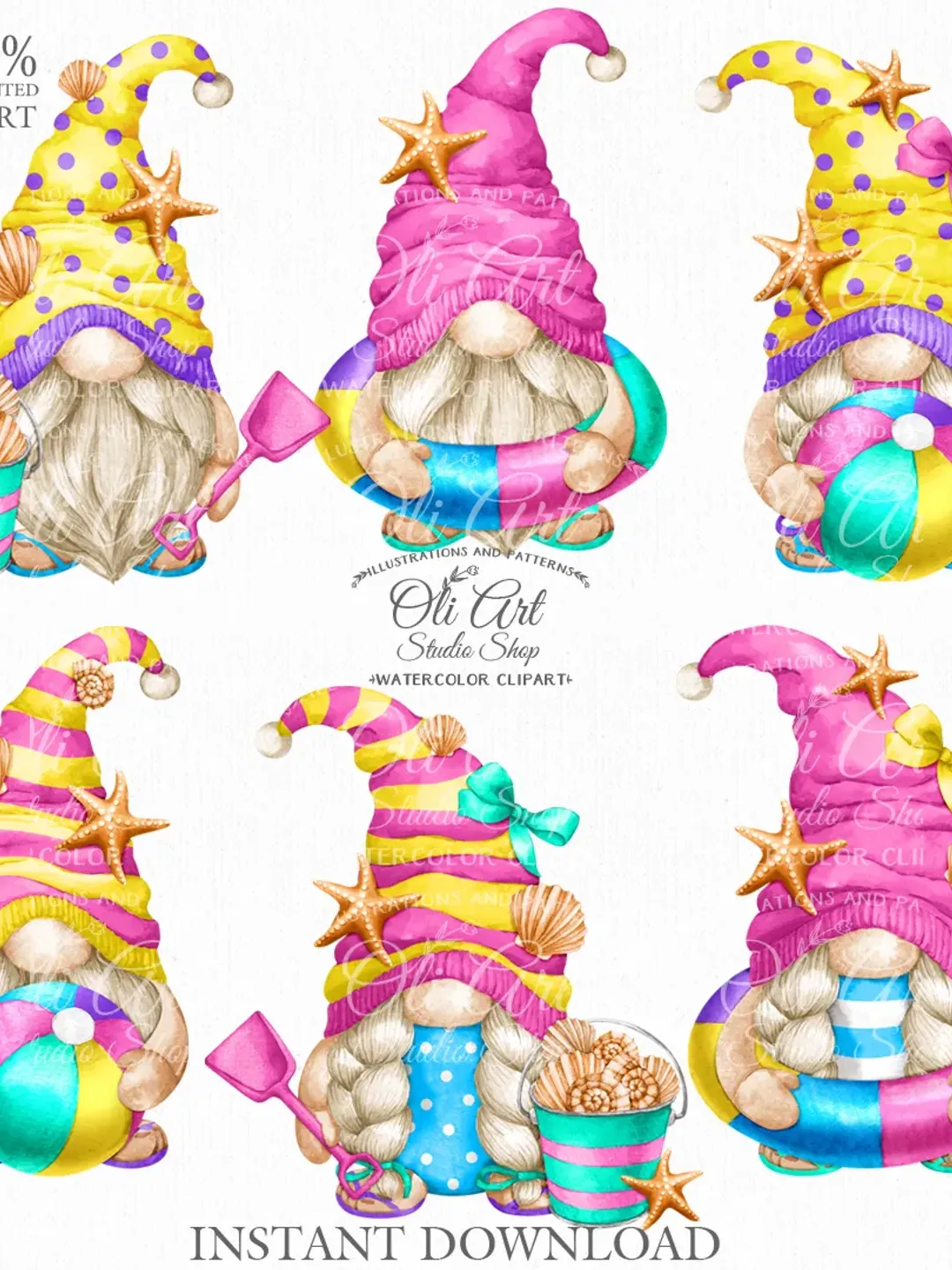 Beach Gnome Clip Art. Cute Characters, Hand Drawn graphics. Digital Download. OliArtStudioShop