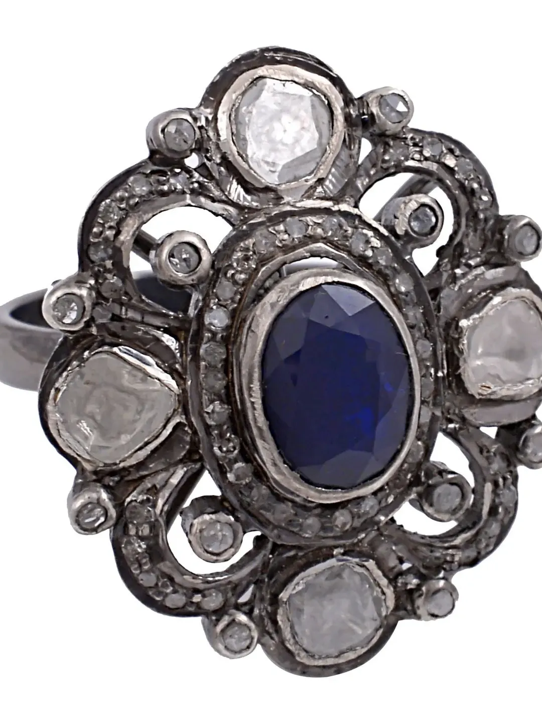 Antique Blue Sapphire Ring, Polki Diamond Ring, Sterling Silver Ring, Pave Diamond Ring, Polki Jewelry, Engagement Ring, Victorian Jewelry