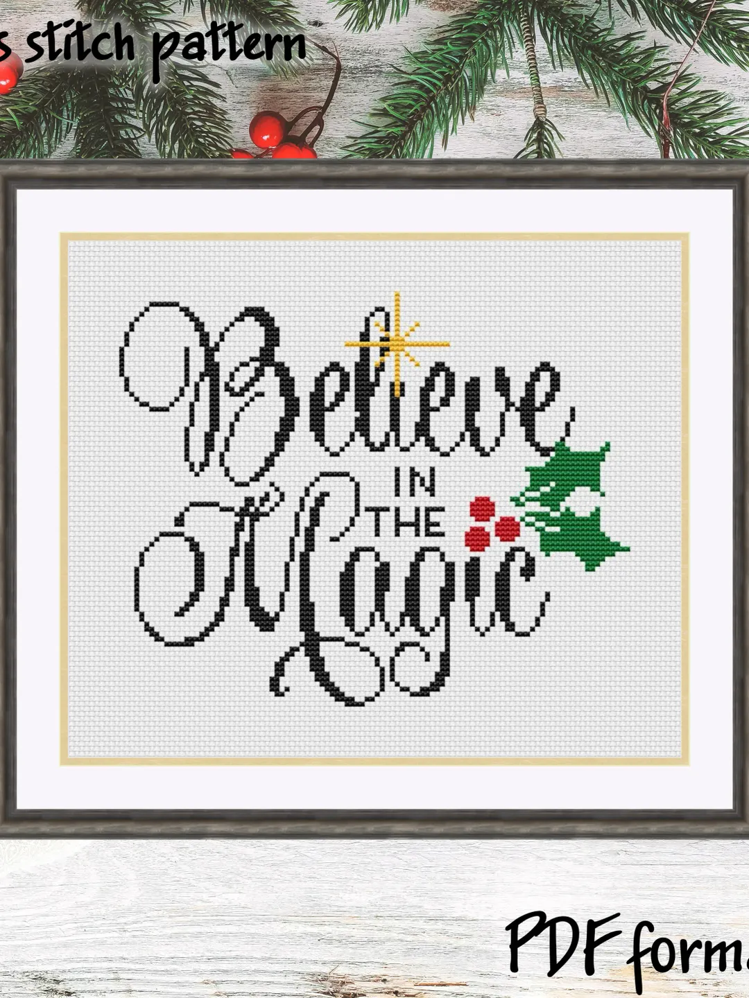 Believe in the Magic Merry Christmas cross stitch pattern, Easy cross stitch chart, Christmas pattern PDF
