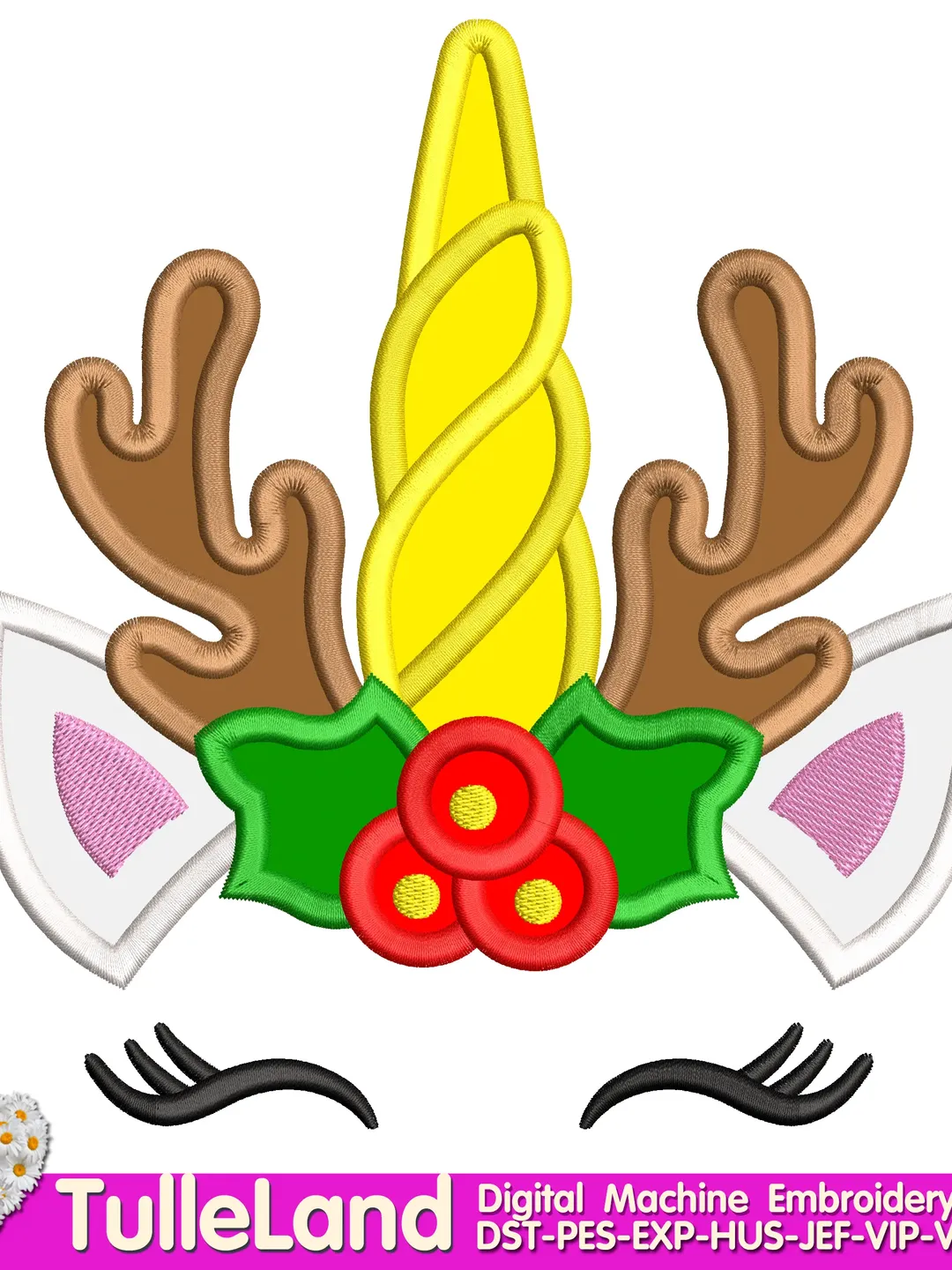 Christmas Unicorn with bow Reindeer Santa Winter Snowflake Red Poinsettia Design Applique for Machine Embroidery