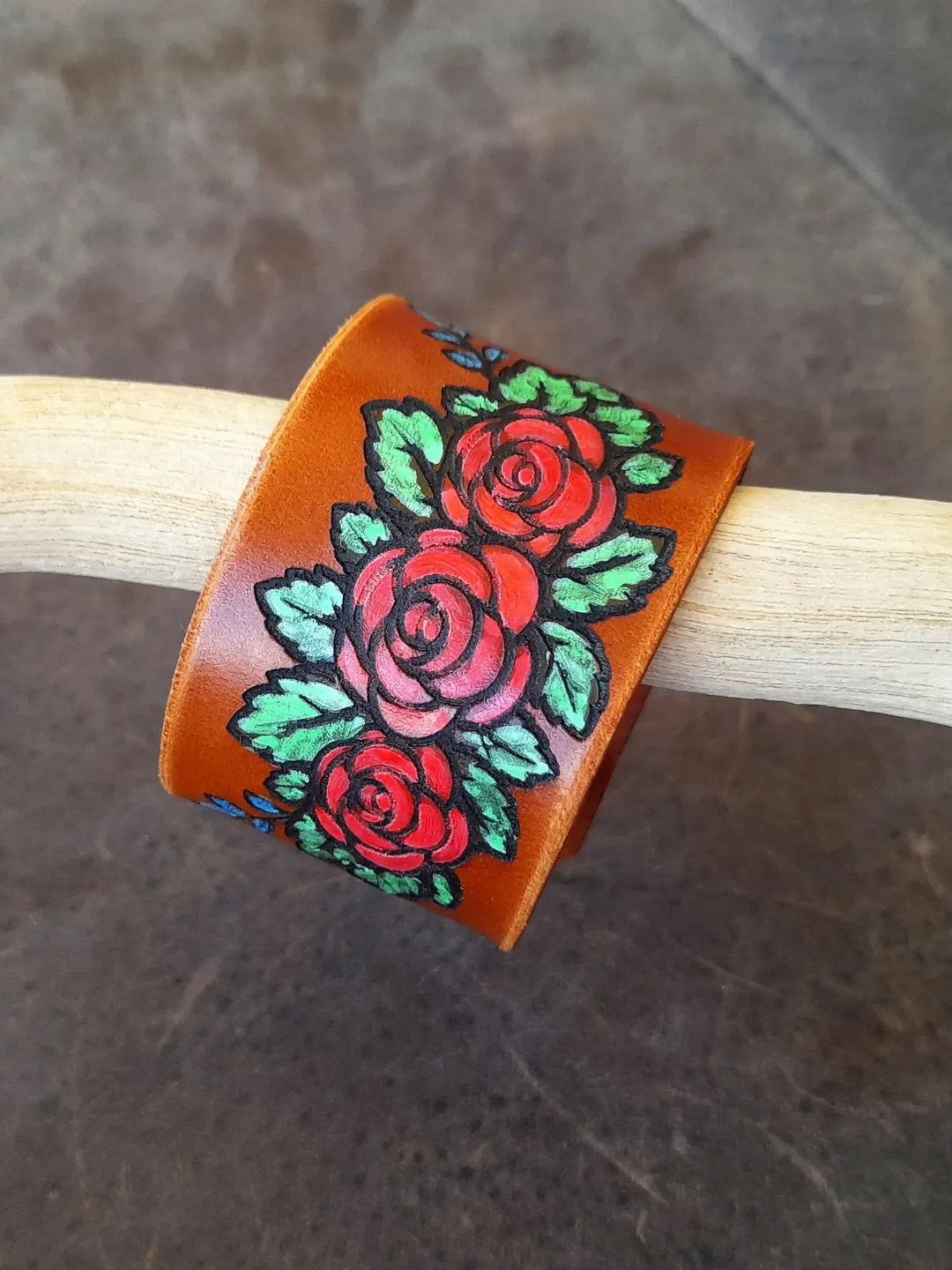 Red Roses Bracelet, Hand Painted Wide Leather Cuff Bracelet, Western Style, Floral Leather, Personalizable, Secret Message, Plant Lover Gift