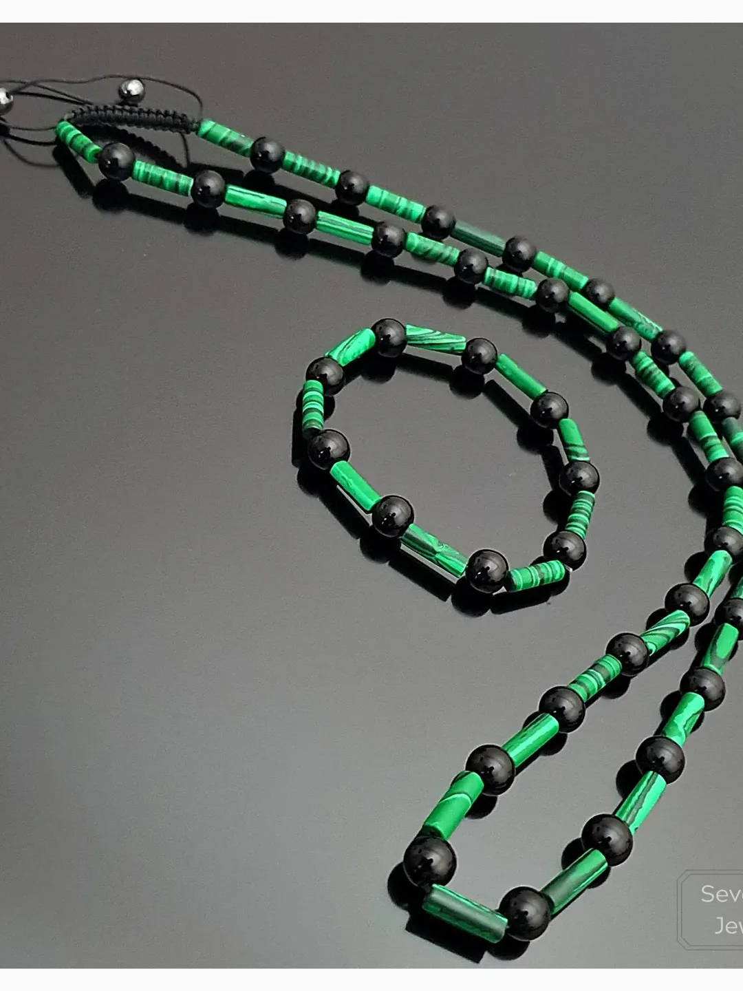 Natural Malachite Gemstone Necklace and Bracelet Set, Onyx Beaded Jewellery, Adjustable Necklace, Green Boho Necklace, Gifts