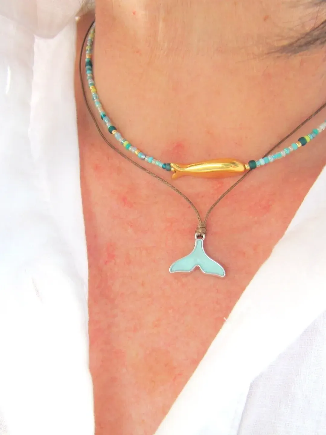 Fin necklace boho style, ocean chain, silver pendant fins, maritime chain, blue pendant, gift for woman, enamelled pendant, gift for friend
