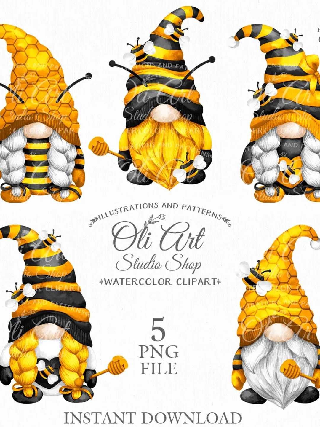 Bee Gnome Clip Art. Cute Characters, Hand Drawn graphics. Digital Download. OliArtStudioShop