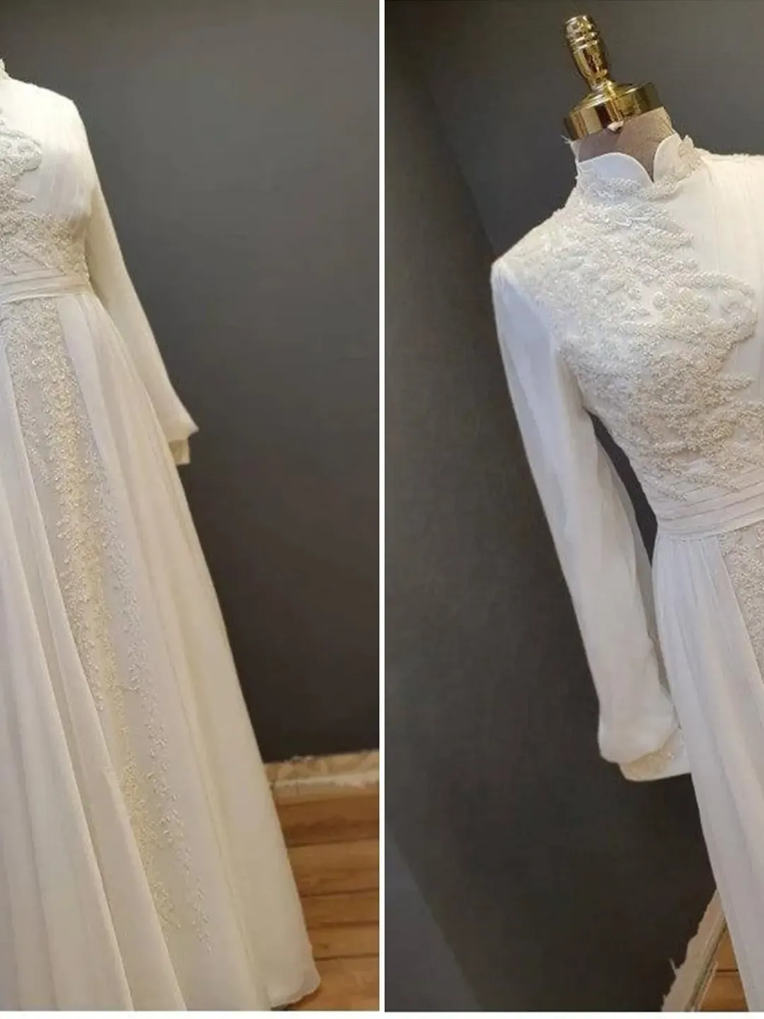 AHUNARE HIJAB - Elit White Chiffon Tailed Wedding Dress, Muslim Evening Gown, Nikah, Islamic Wedding, Engagement, Bridesmaid,