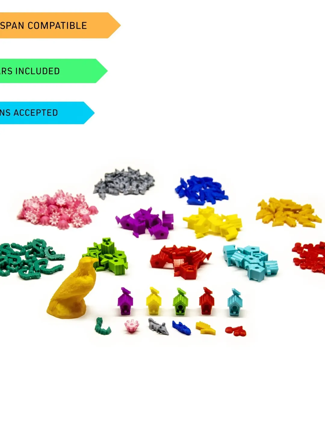 Wingspan Compatible Upgrade Set - Board Game Accessories Action Tokens Pieces Components Kit 3D Printed Bird Houses Food