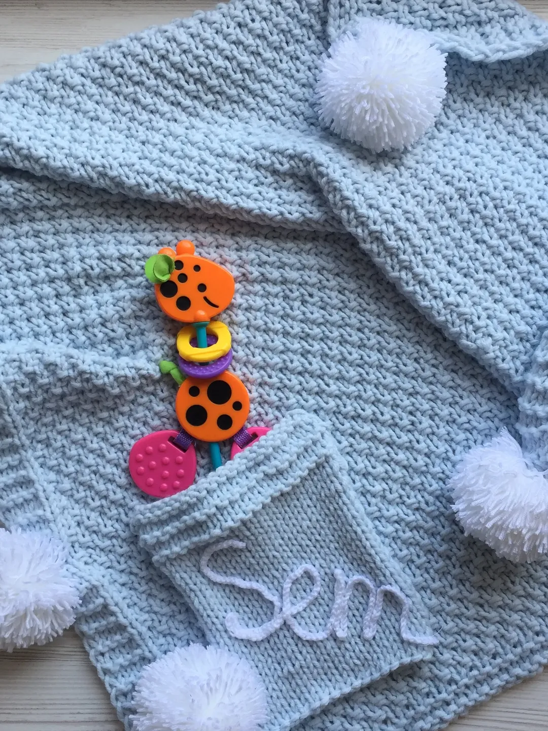 Hand made baby born blanket. Knitting blanket for boy. Take home blanket. Blanket with pompons. Receiving blanket. Baby shower blanket.