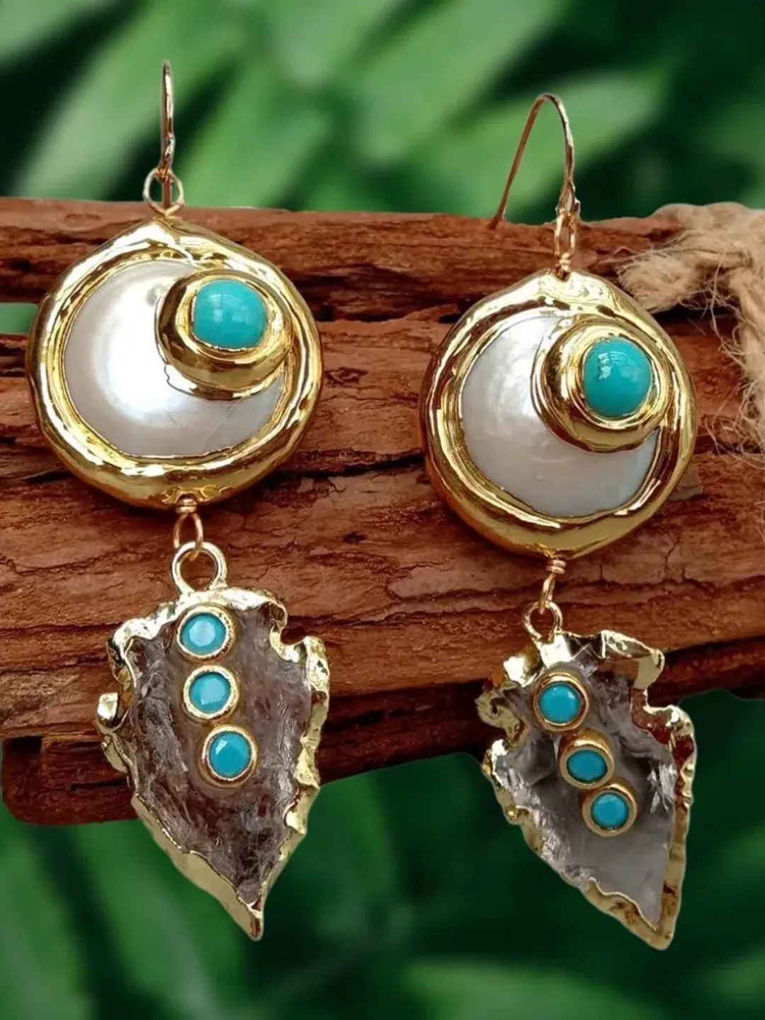 Gold Plated Turquoise Arrowhead Earrings, Quartz Turquoise Earrings, Gemstone Statement Earrings, Turquoise Pearl Earrings, Gold Turquoise