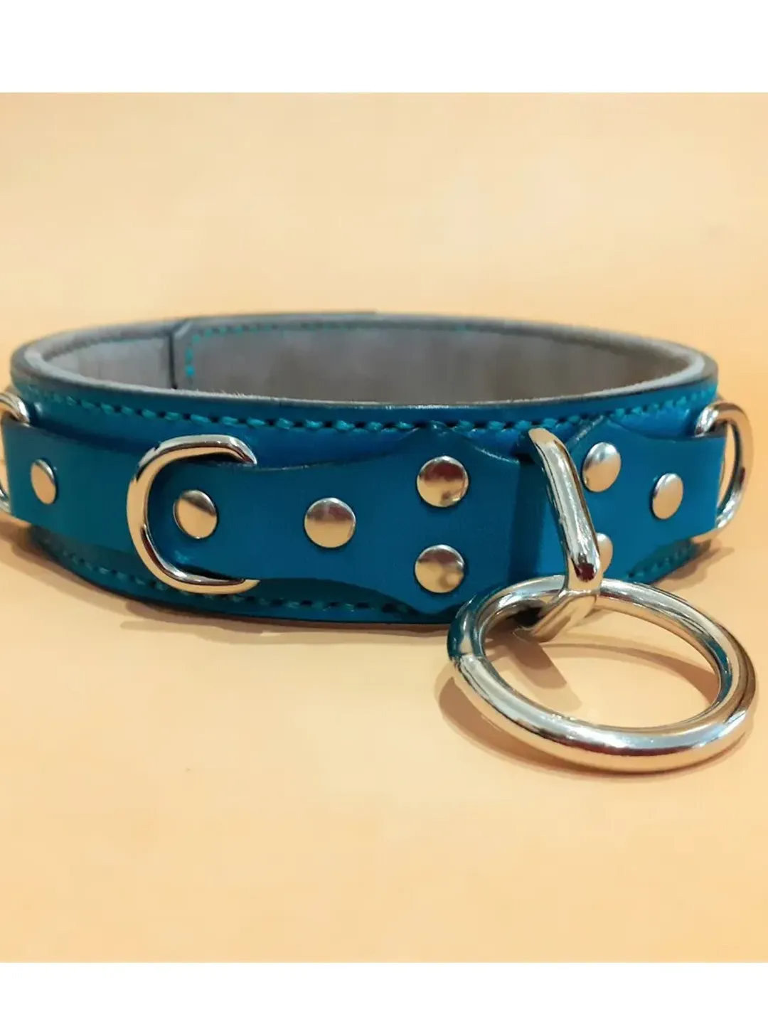 Turquoise leather bdsm submissive collar plus size