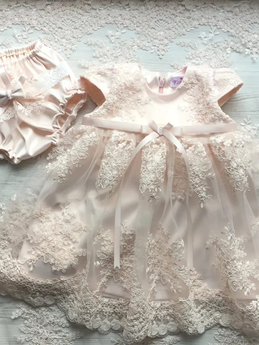 First birthday dress. Baptism dress. Christening gown for girl. Dress with headband and panties. Dress with lace. Blush pink dress.