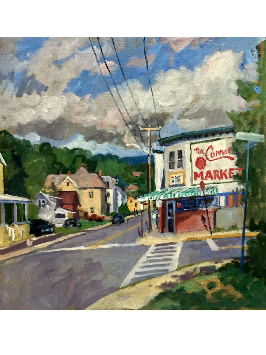 American Landscape Painting - The Corner Market - 18x18 Oil on Linen, Plein Air Impressionist Cityscape, Signed Original Fine Art