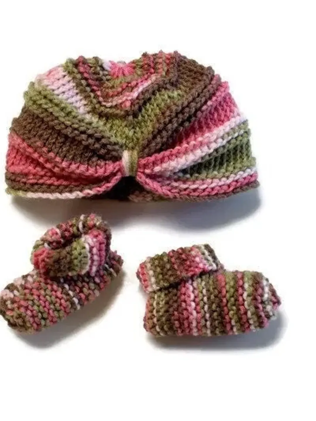 Baby Hat and Booties Set with Synched Up Front , Baby Socks and Shoes, Baby Gift Ideas for New Moms, Multi Colored Baby Hat, Baby Clothing
