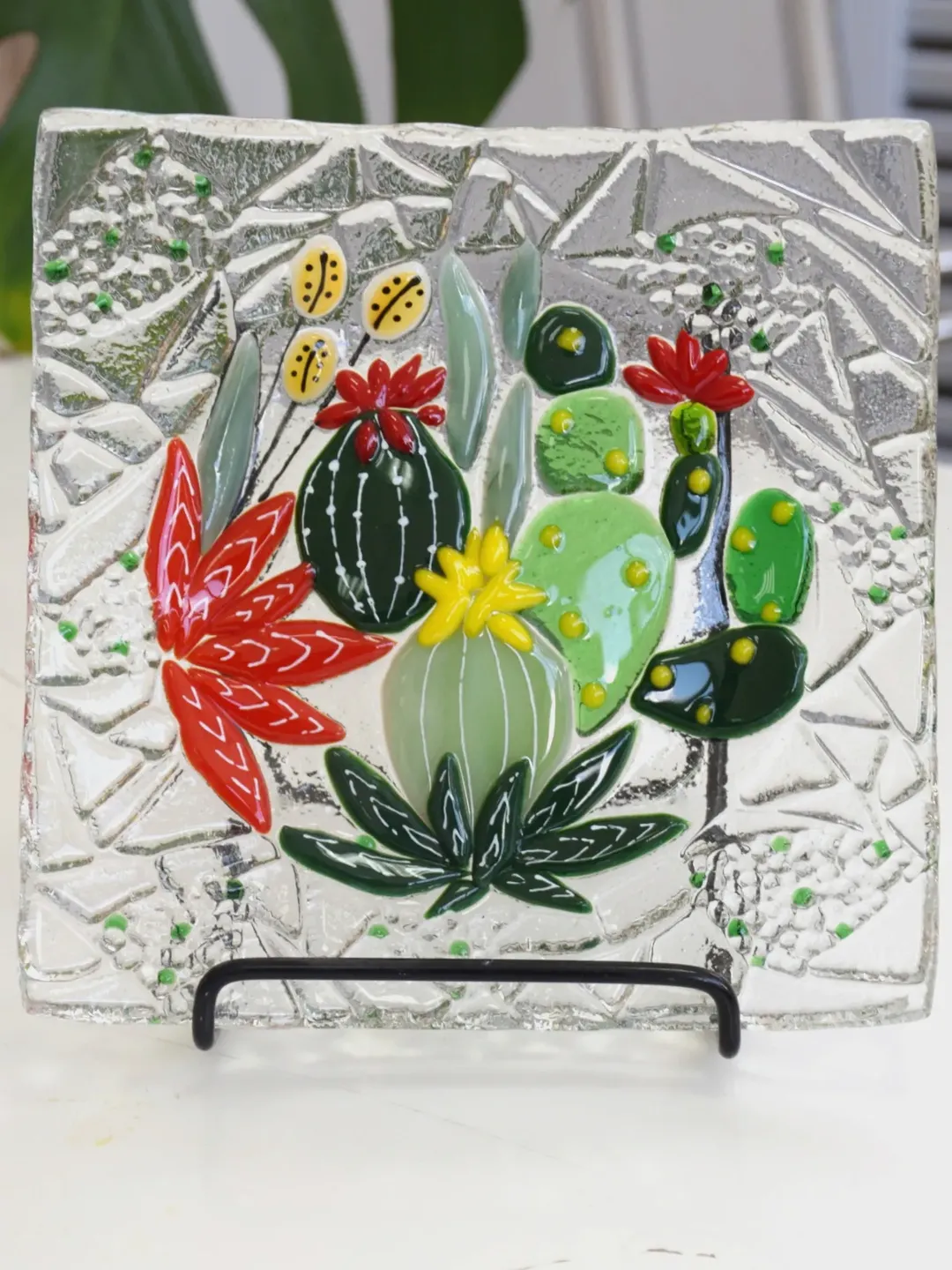 Cactus fused glass dish - Succulents decorative green platter - glass planter plates