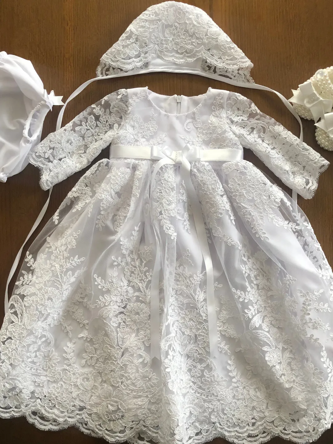 White dress with sparkles, bonnet, panties and shoes for baby girl. Baptism outfit for baby. Christening gown for baby girl.