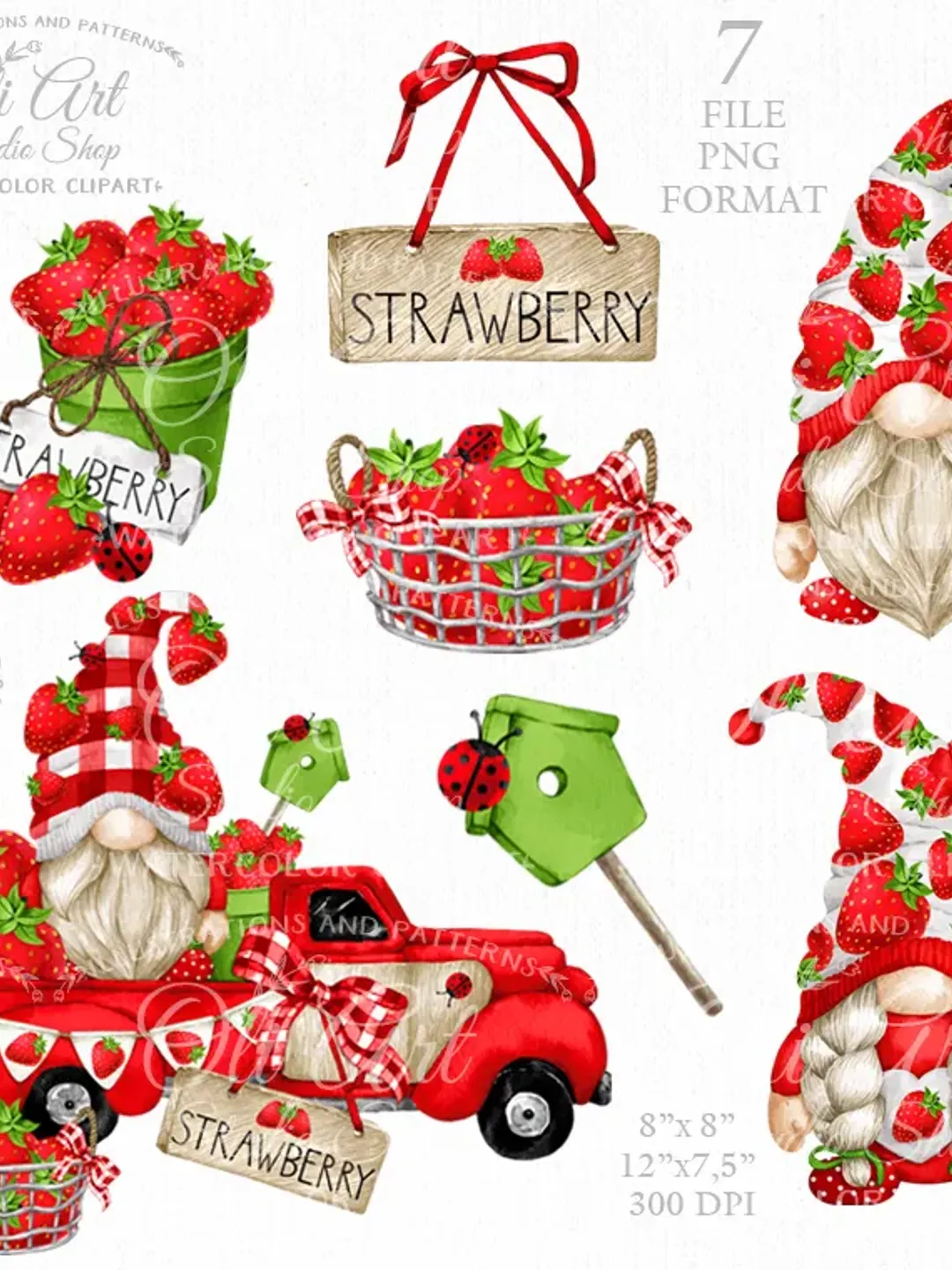 Strawberry Gnome Clipart. Truck. Digital Clipart, Hand Drawn Graphics, Digital Download. OliArtStudioShop
