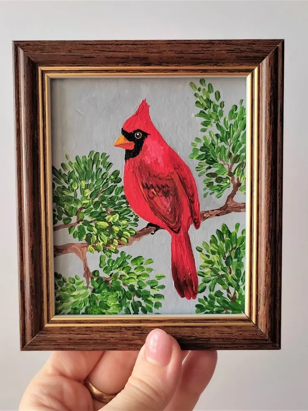 Little bird painting, Mini painting, Red cardinal wall art, Small wall decor