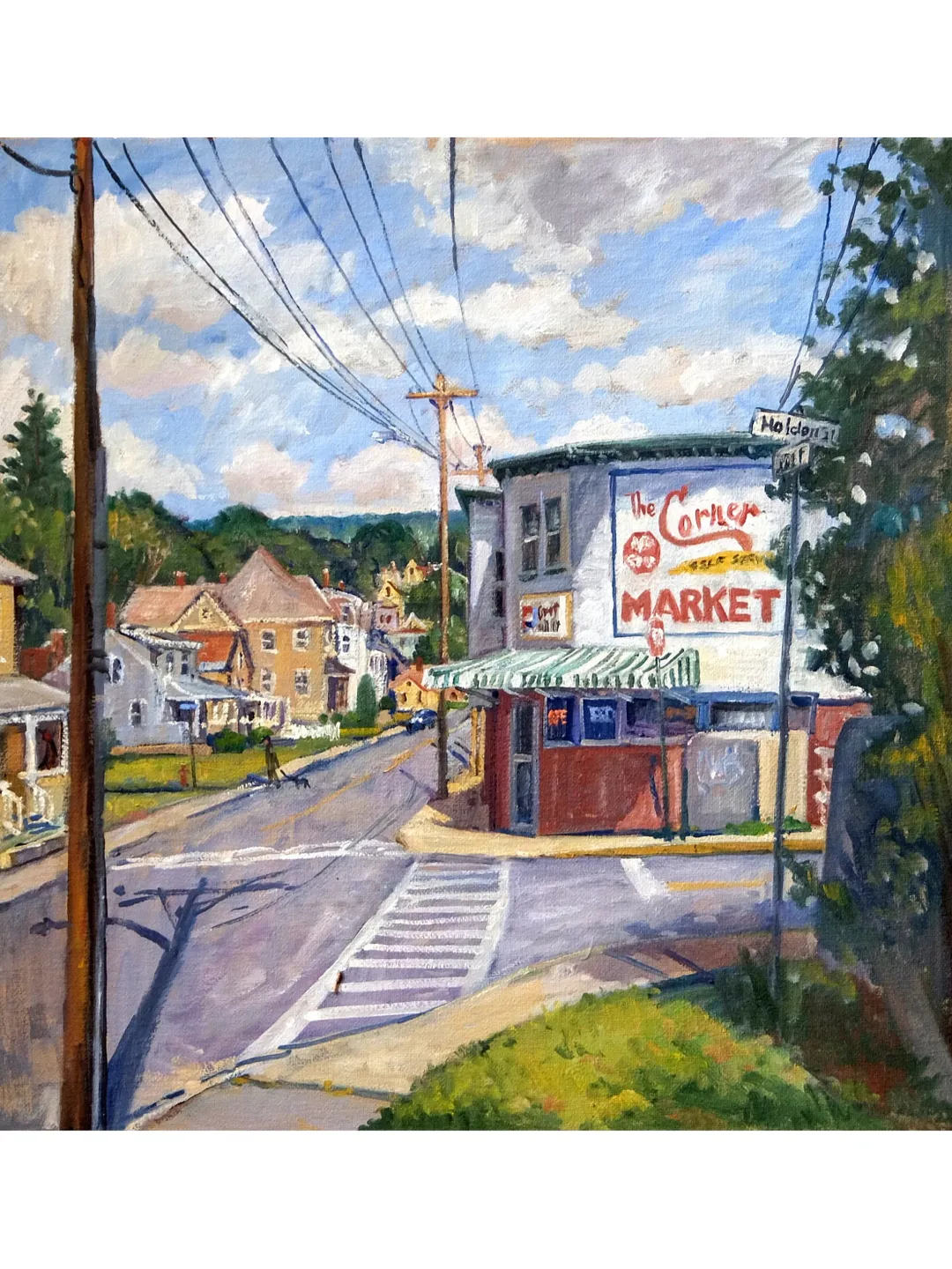Large Original Landscape Painting -Corner Market/North Adams- 30x30 Oil on Canvas, Plein Air Impressionist Cityscape, Signed Original