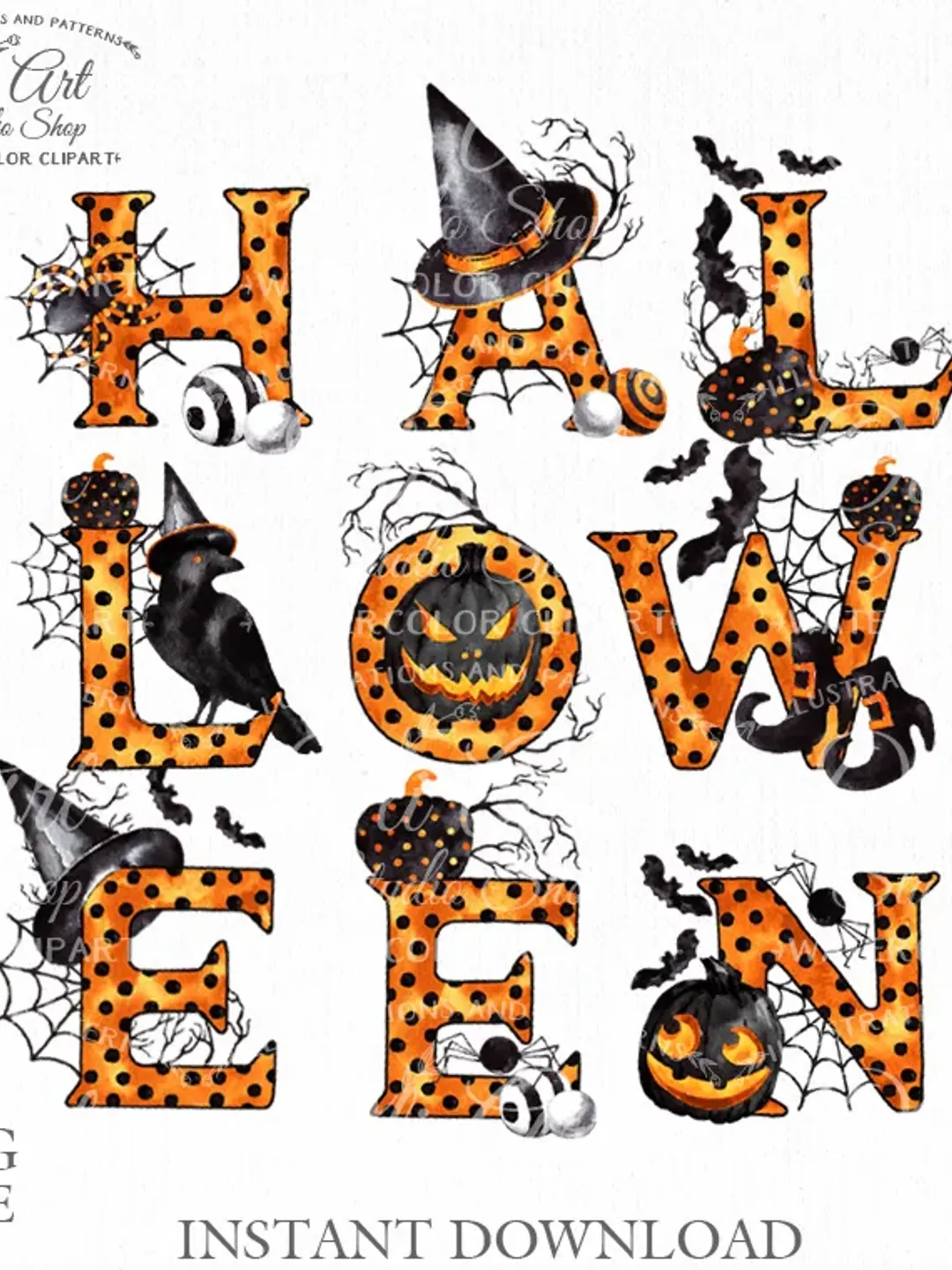 happy-halloween-clipart-watercolor-word-halloween-fall-hand-painted-clipart-9-letters-design-digital-download-6-00-usd-buy-online-with-delivery