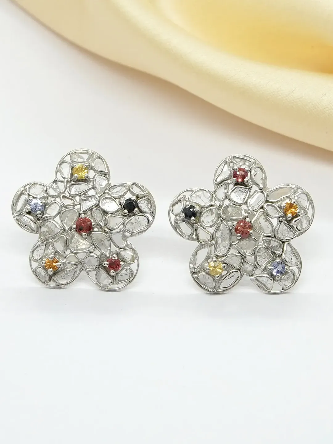 Natural Multi Sapphire Studs, Flower Studs, Polki Diamond Studs, Sapphire Earrings, Polki Earrings, Art Deco Earrings, 925 Sterling Silver