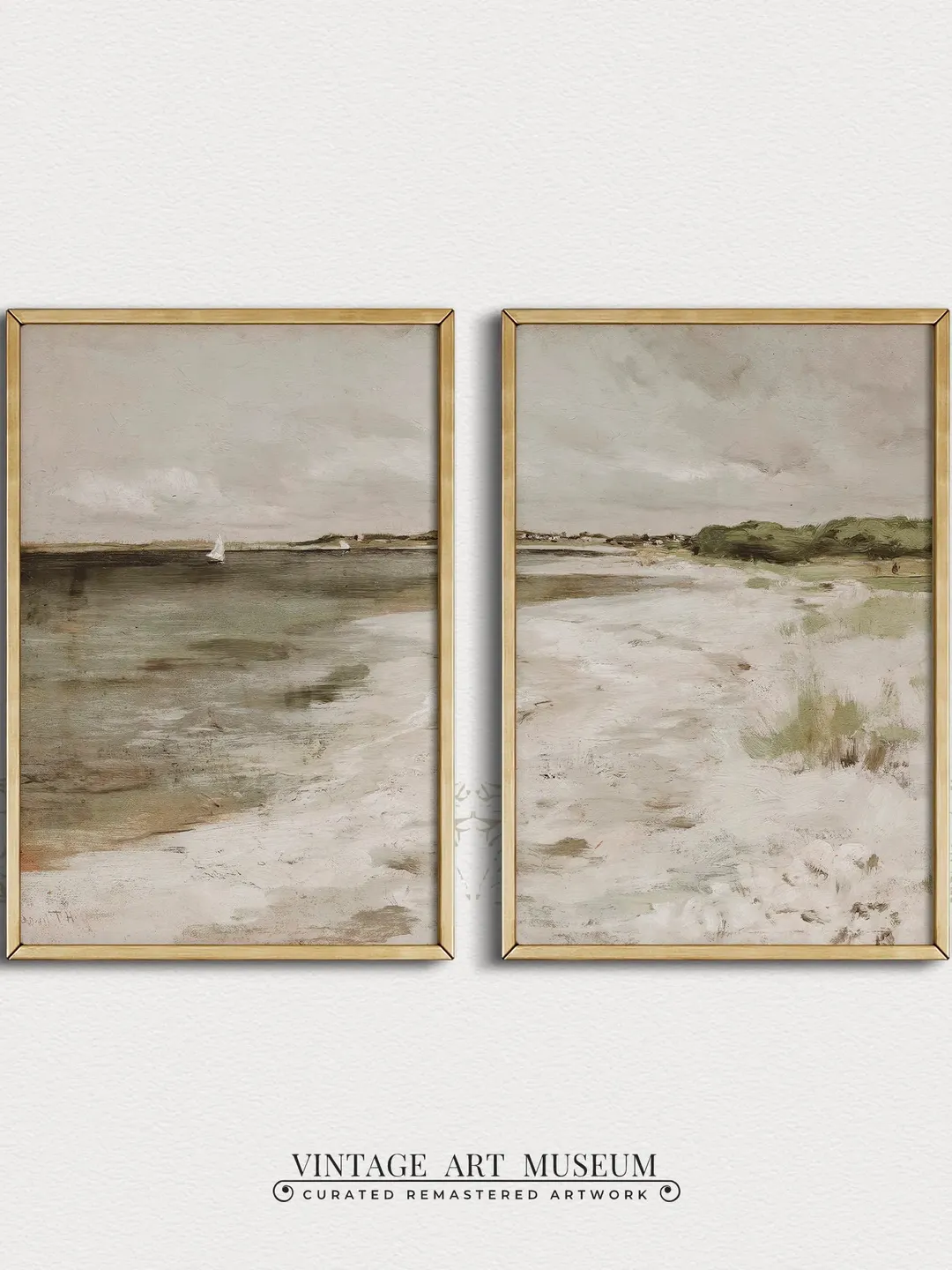 Vintage Coastal Landscape Print Set of 2, Moody Green Art Antique Oil Paintings, Digital PRINTABLE Wall Decor | #248 S2