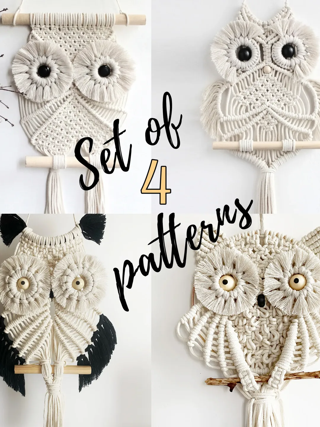 Set of 4 Macrame PATTERNS / OWL Wall Hangings