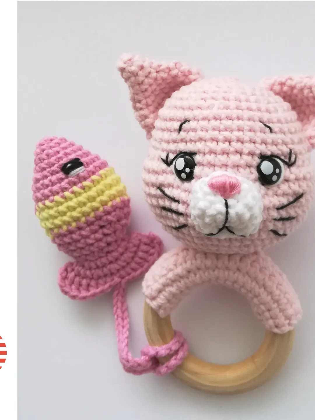 Crochet cat rattle pattern, amigurumi cat and fish teething ring, digital PDF baby toy pattern by CrochetToysForKids