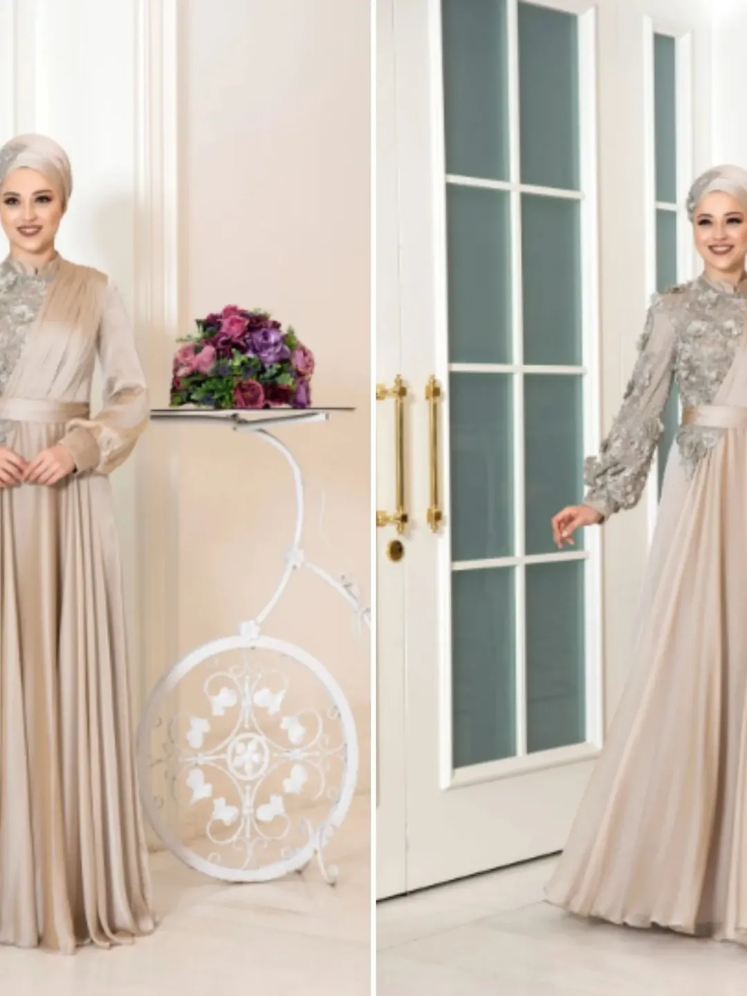AHUNARE HIJAB - Melissa  Gold Chiffon Belted Wedding Dress, Muslim Evening Gown, Nikah, Islamic Wedding, Engagement, Bridesmaid,